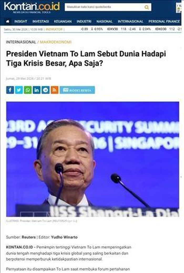Bài báo của Kontan ngày 29/5 nhận định về bài phát biểu của Tổng Bí thư, Chủ tịch nước Tô Lâm trong phiên khai mạc Đối thoại Shangri-La lần thứ 23 ở Singapore. Ảnh: TTXVN phát