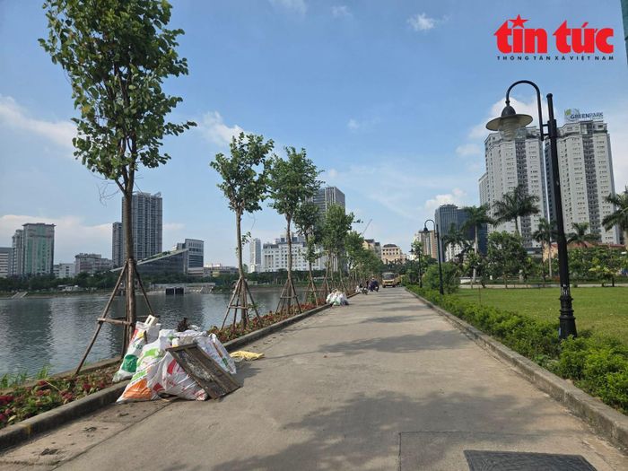 Lực lượng công nhân Công ty thoát nước Hà Nội được huy động vớt cá chết tại hồ điều hòa CV1.