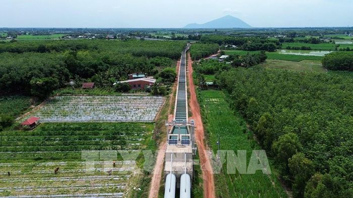 Hệ thống kênh dẫn từ hồ Dầu Tiếng bảo đảm cung cấp nguồn nước ổn định cho nhiều vùng sản xuất nông nghiệp. Ảnh: Giang Phương - TTXVN