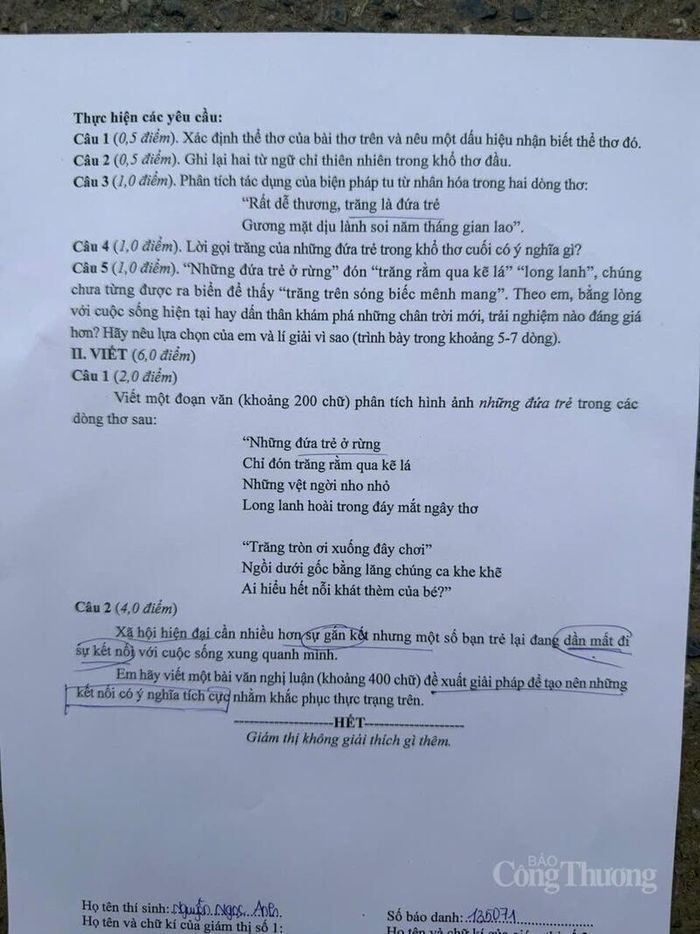 Đề thi môn Ngữ văn sáng nay.