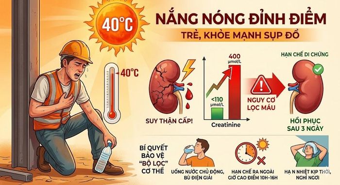 Nắng nóng gay gắt không chỉ gây mệt mỏi hay say nắng, mà còn tiềm ẩn nguy cơ tổn thương thận cấp tính. Ảnh: Bệnh viện Bạch Mai.