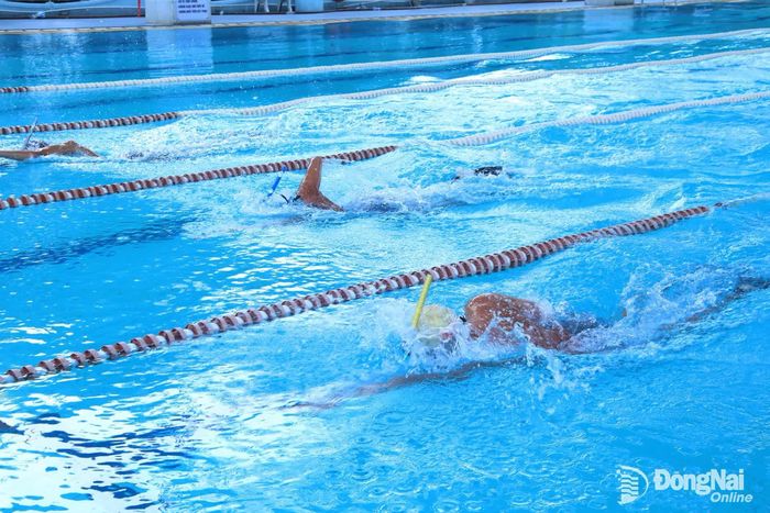 Các vận động viên đội tuyển bơi lặn của Trung tâm Huấn luyện và Thi đấu thể thao thành phố thực hiện các kiểu bơi, lặn cơ bản tại lễ phát động. Ảnh: Huy Anh