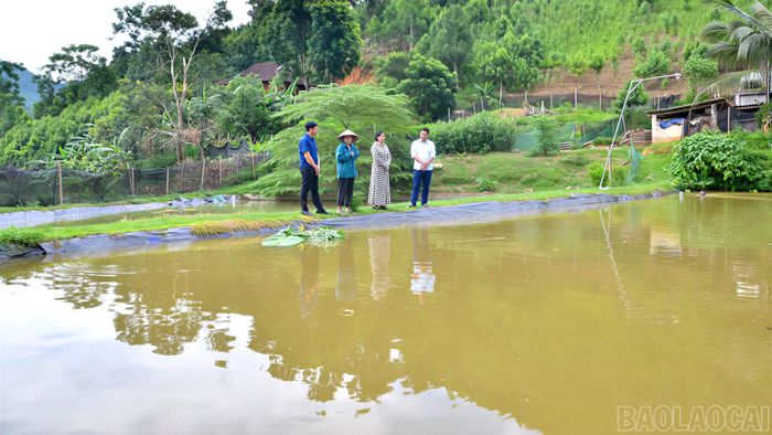 Lãnh đạo xã Phong Dụ Hạ kiểm tra mô hình nuôi cá tại thôn Lắc Mường.