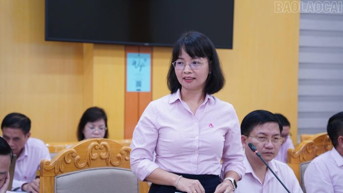 Đại diện lãnh đạo Chi nhánh NHCSXH tỉnh Lào Cai phát biểu tại buổi làm việc.