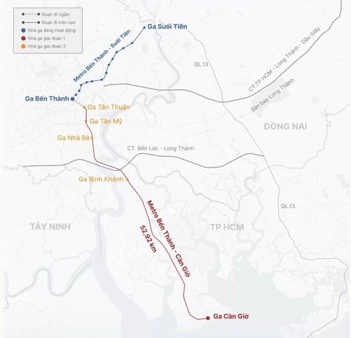 Hướng tuyến trước đây của dự án Metro Bến Thành - Cần Giờ. (Đồ họa: Khánh Hoàng).