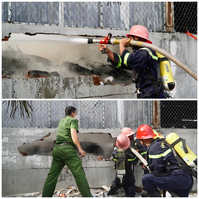 Cán bộ, chiến sĩ phá tường để tiếp cận đám cháy. Đồng thời, các phương tiện chữa cháy tại cơ sở của Cảng Quy Nhơn cũng được huy động hỗ trợ công tác chữa cháy.