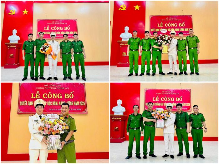 Cán bộ, chiến sĩ Công an xã Bích Hào chúc mừng Trưởng Công an xã tại buổi lễ công bố. Ảnh: CAX Bích Hào