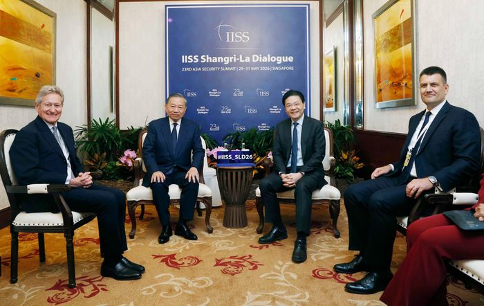 Tổng Bí thư, Chủ tịch nước Tô Lâm và Thủ tướng Singapore Lawrence Wong dự Đối thoại Shangri-La lần thứ 23. Ảnh: Thống Nhất/TTXVN