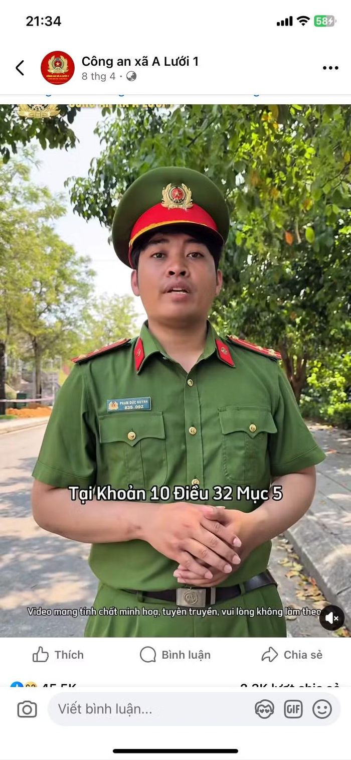 Thượng úy Phạm Đức Huỳnh trong video 10 triệu view trên các tài khoản mạng xã hội của Công an xã A Lưới 1, thành phố Huế.
