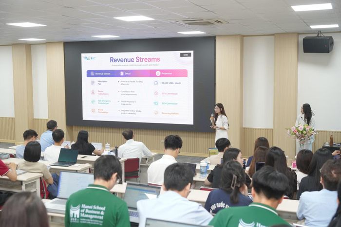 Đại diện các nhóm dự thi thuyết trình dự án khởi nghiệp trước ban giám khảo.