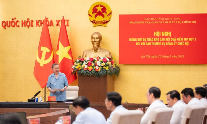 Tổng Bí thư, Chủ tịch nước Tô Lâm, Trưởng đoàn Kiểm tra, giám sát số 10 của Bộ Chính trị, Ban Bí thư chủ trì hội nghị thông qua dự thảo báo cáo kết quả kiểm tra đợt 2 đối với Ban Thường vụ Đảng ủy Quốc hội, chiều 26/5.