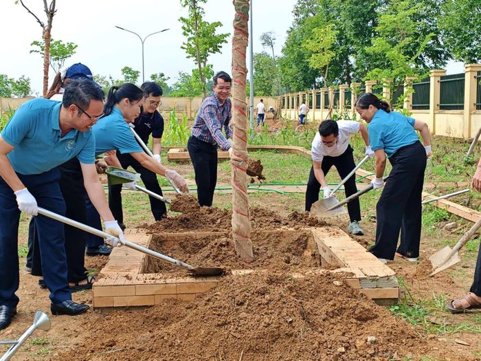 Hoạt động trồng cây xanh được triển khai ngay sau lễ phát động tại điểm Trường Tiểu học và Mầm non Khu tái định cư Đại học Quốc gia Hà Nội. Ảnh: PV