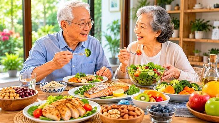 Bữa ăn giàu protein, rau xanh và thực phẩm nguyên chất giúp hỗ trợ chuyển hóa năng lượng ở người sau tuổi 60.