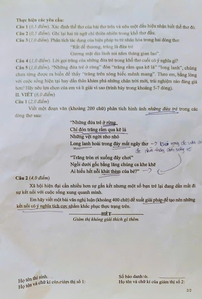 Đề thi môn Ngữ văn