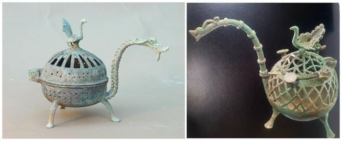 Biểu tượng thường thấy trên nắp đậy của đèn dầu hay hộp đốt trầm, âu bình lễ nghi Đông Sơn luôn là các con công đực xòe đuôi (hình trái, sưu tập CQK, California, Mỹ, hình phải, sưu tập bảo tàng Barbier-Mueller, Geneva, Thụy Sĩ)