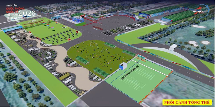  Toàn cảnh sơ đồ Triển lãm Quốc phòng quốc tế Việt Nam 2026 nhìn từ trên cao, quy mô cực kỳ hoành tráng.