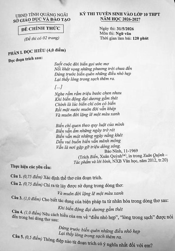 Đề thi môn Ngữ văn, kỳ thi tuyển sinh lớp 10.