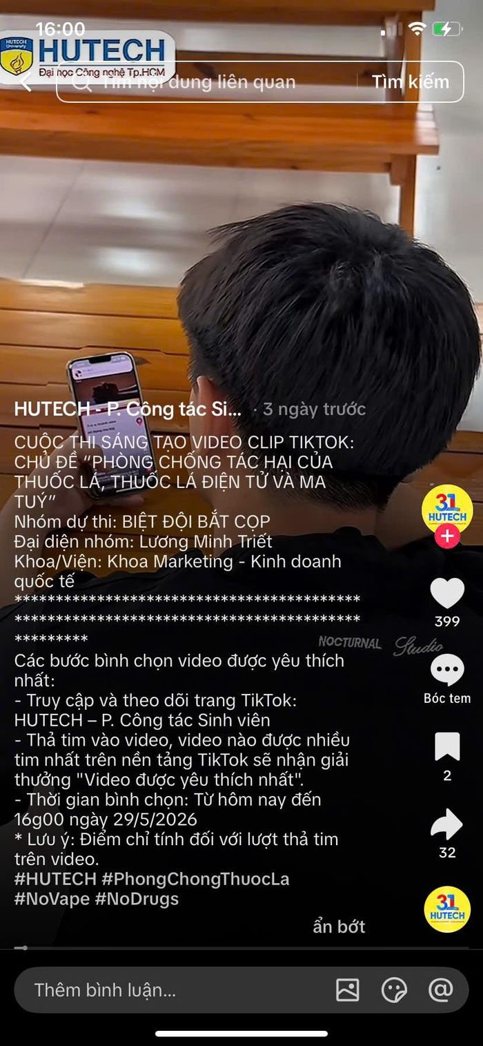 Video TikTok phòng chống ma túy, có lượt xem nhiều nhất của Trường đại học HUTECH.