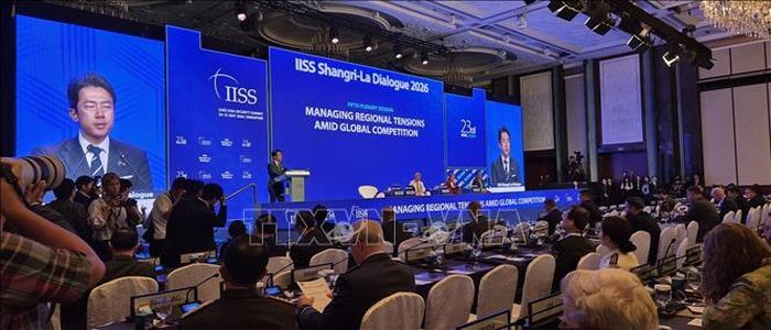 Bộ trưởng Quốc phòng Nhật Bản Shinjiro Koizumi phát biểu tại Đối thoại Shangri-La lần thứ 23. Ảnh: Việt Dũng/Pv TTXVN tại Singapore
