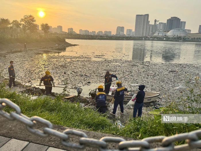Trao đổi với phóng viên Người Đưa Tin, một công nhân của Công ty thoát nước cho biết, ngay từ sáng sớm các công nhân đã được huy động để thực hiện công tác dọn dẹp xử lý tình trạng cá chết tại hồ.