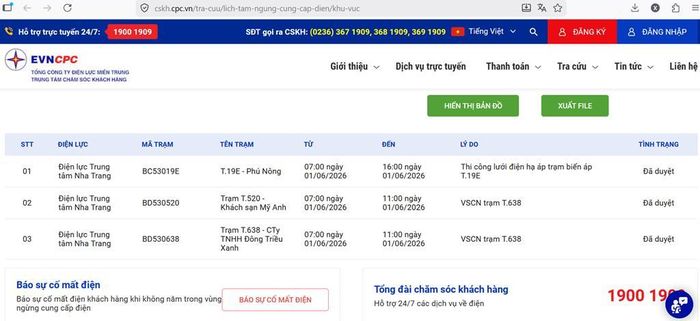 Thông báo lịch cắt điện ở Nha Trang, tỉnh Khánh Hòa ngày 1/6 cập nhật lúc 12h42 phút ngày 31/5 từ Tổng công ty Điện lực miền Trung thông báo trên website EVNCPC. Ảnh: BNEWS/TTXVN