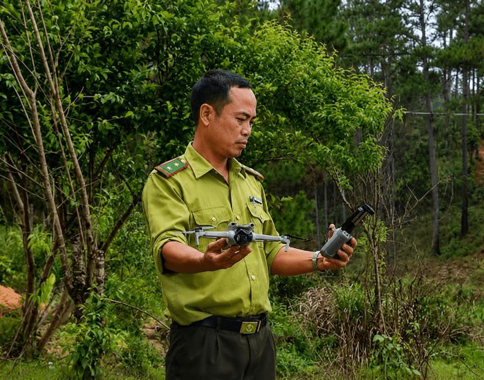 Cán bộ kiểm lâm vận hành thiết bị bay không người lái (drone) phục vụ giám sát tài nguyên rừng