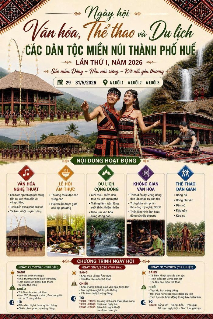 Nội dung hoạt động Ngày hội Văn hóa, Thể thao và Du lịch các dân tộc miền núi thành phố Huế lần thứ I năm 2026.