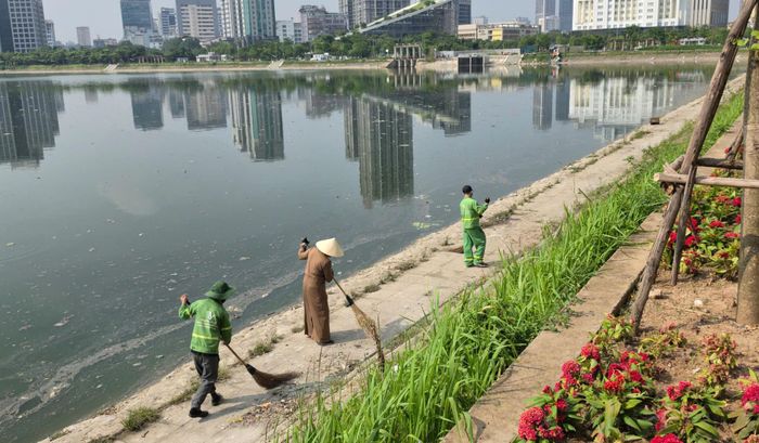Công nhân môi trường và đơn vị có liên quan tổ chứ quét dọn khu vực mép hồ. Ảnh: Vân Nhi