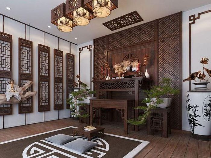 Bàn thờ tựa vào tường còn giúp không gian thờ cúng trở nên trang trọng hơn.