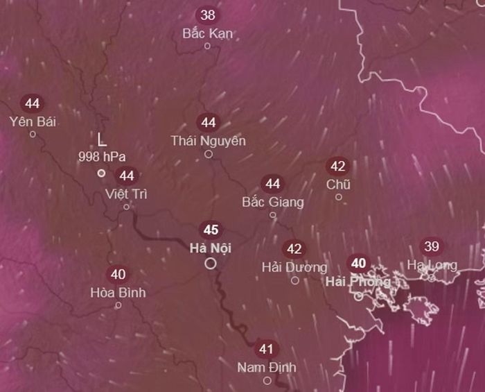 Dự báo nhiệt độ cảm nhận ở một số khu vực tại miền Bắc chiều 4/6. Ảnh: Ventusky, ICON.