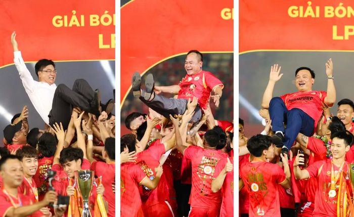 Các cầu thủ tung hô và tôn vinh ba người lãnh đạo luôn quan tâm, sát sao và tạo mọi điều kiện để đội bóng gặt hái một loạt thành công vừa qua. Từ trái qua: Thiếu tướng Dương Đức Hải - Cục trưởng Cục Cảnh sát PCCC và CNCH Bộ Công an, nguyên Chủ tịch CLB Công an Hà Nội; Trung tướng, Anh hùng lực lượng vũ trang nhân dân Nguyễn Thanh Tùng - Ủy viên Ban Thường vụ Thành ủy, Bí thư Đảng ủy, Giám đốc CATP Hà Nội; Đại tá Nguyễn Tiến Đạt - Phó Giám đốc CATP Hà Nội, Chủ tịch CLB Công an Hà Nội.