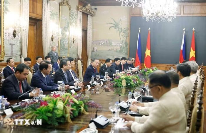  Tổng Bí thư, Chủ tịch nước Tô Lâm và Tổng thống Philippines Ferdinand Romualdez Marcos Jr. hội đàm cấp Nhà nước. Ảnh: Thống Nhất/TTXVN. 
