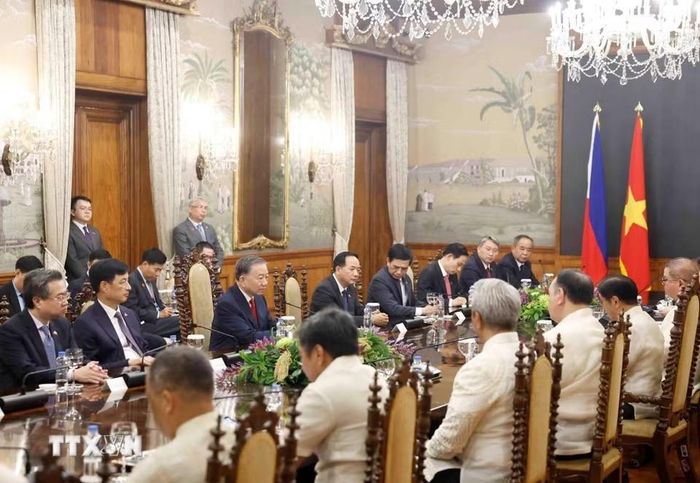  Tổng Bí thư, Chủ tịch nước Tô Lâm và Tổng thống Philippines Ferdinand Romualdez Marcos Jr. hội đàm cấp Nhà nước. Ảnh: Thống Nhất/TTXVN. 