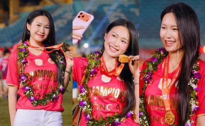 Nhan sắc đời thực của Doãn Hải My trong ngày Văn Hậu cùng CAHN vô địch V.League 2025/26. Ảnh: IGNV