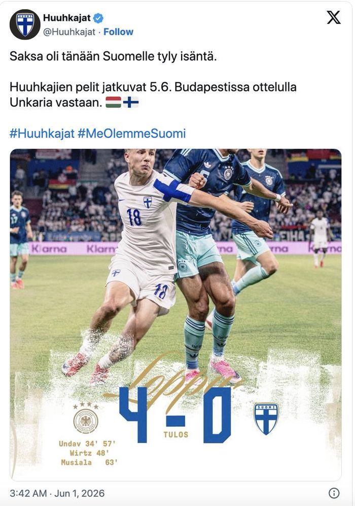 Phần Lan thua ứng viên World Cup cực mạnh - tuyển Đức