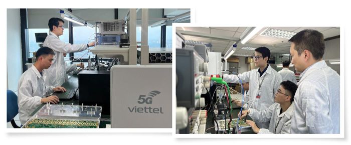 Ảnh trái: Cán bộ nghiên cứu với các thiết bị 5G do Viettel phát triển. Ảnh phải: Cán bộ Tập đoàn Viettel kiểm tra sản phẩm công nghiệp quốc phòng công nghệ cao.