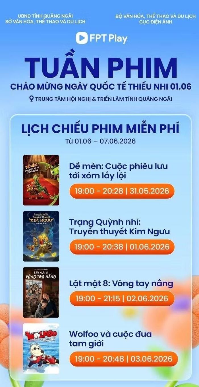 Tuần phim chào mừng Ngày Quốc tế Thiếu nhi 1/6, do Cục Điện ảnh tổ chức trên phạm vi toàn quốc, và chiếu nhiều bộ phim hoạt hình đặc sắc.