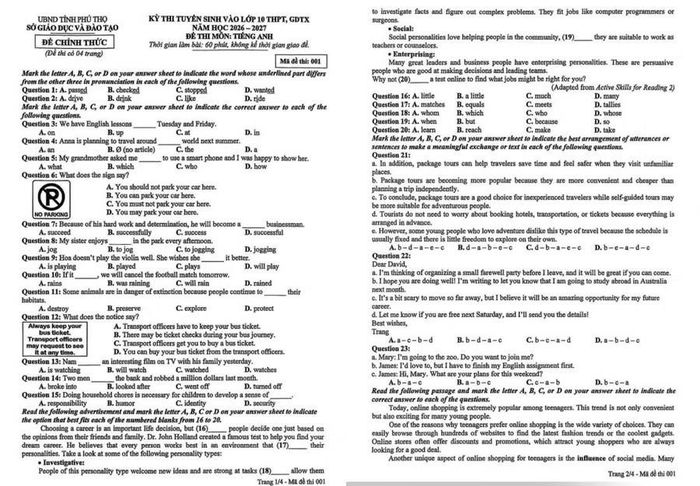 Trang 1-2 đề Tiếng Anh mã 001.