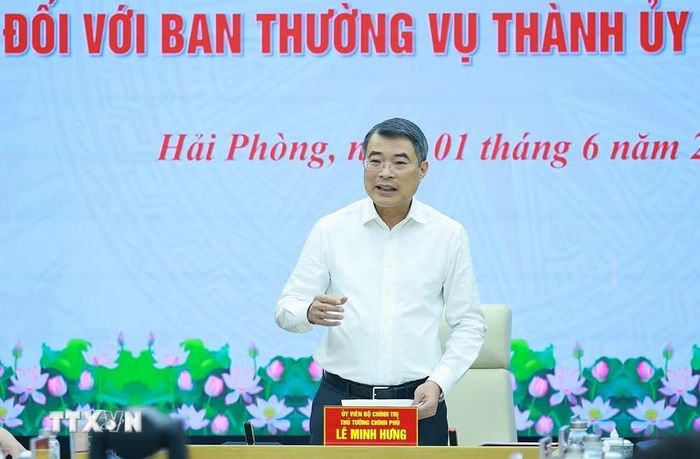 Bí thư Đảng ủy, Thủ tướng Chính phủ Lê Minh Hưng kết luận Hội nghị thông qua dự thảo báo cáo kết quả kiểm tra đối với Ban Thường vụ Thành ủy Hải Phòng. (Ảnh: Dương Giang/TTXVN)