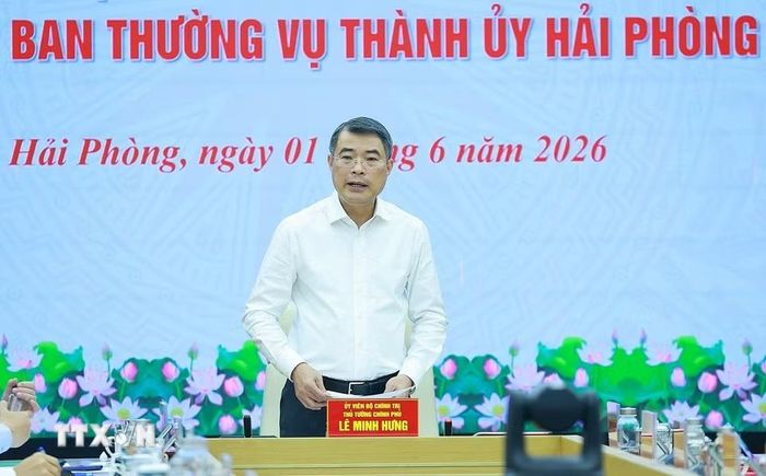 Bí thư Đảng ủy, Thủ tướng Chính phủ Lê Minh Hưng kết luận Hội nghị thông qua dự thảo báo cáo kết quả kiểm tra đối với Ban Thường vụ Thành ủy Hải Phòng. (Ảnh: Dương Giang/TTXVN)