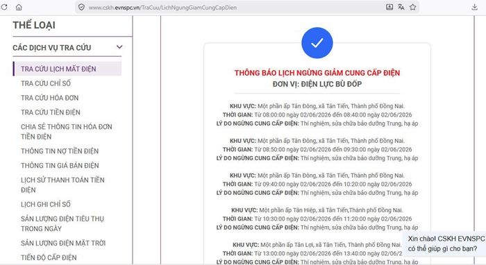 Lịch ngừng cấp điện tại Đồng Nai ngày mai 2/6 được cập nhật trên website của EVNSPC lúc 10h40 ngày 1/6. Ảnh: BNEWS phát