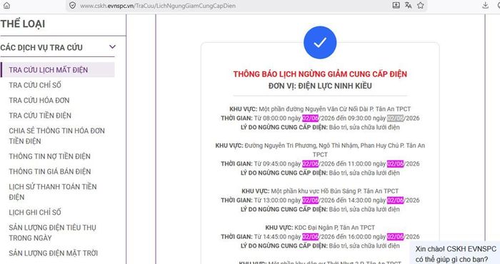 Lịch ngừng cấp điện tại Cần Thơ ngày mai 2/6 được cập nhật trên website của EVNSPC lúc 10h28 phút ngày 1/6. Ảnh: BNEWS phát