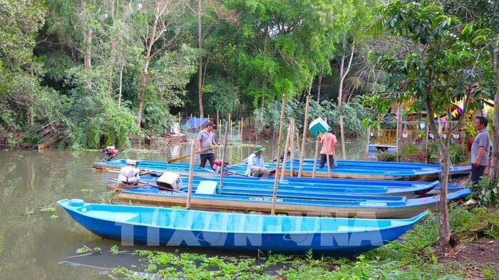 Vỏ lãi, ghe là phương tiện di chuyển chính tại Khu du lịch sinh thái Mùa Xuân. Ảnh: Nguyễn Hằng - TTXVN