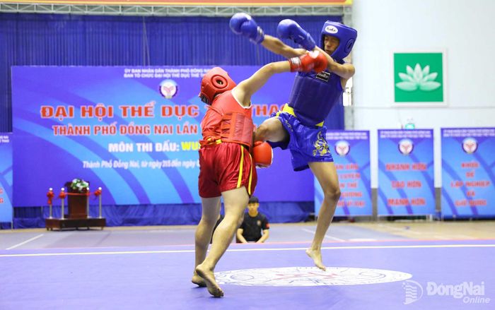 Các vận động viên thi đấu nội dung Sanda nam. Ảnh: Huy Anh