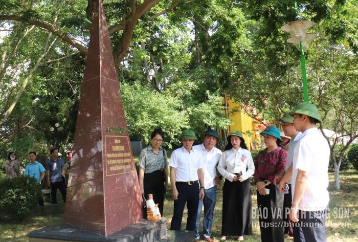 Các thành viên đoàn giám sát và lãnh đạo UBND phường Lương Văn Tri khảo sát bia tưởng niệm phóng viên Nhật Bản tại công viên Chi Lăng