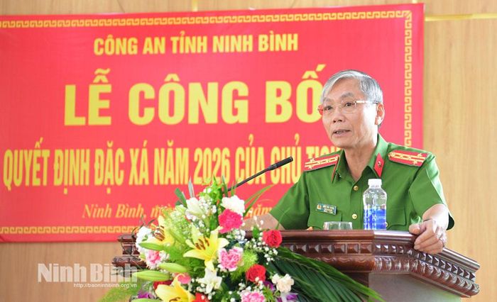 Đồng chí Đại tá Kiều Hữu Tuyển, Phó Giám đốc Công an tỉnh phát biểu tại Lễ công bố. Ảnh: Nguyễn Giang