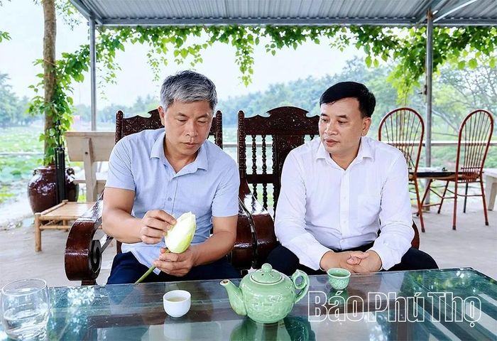 Anh Lê Đức Việt (bên trái) - Phó Giám đốc HTX chia sẻ câu chuyện về sen và hướng đi trong thời gian tới.