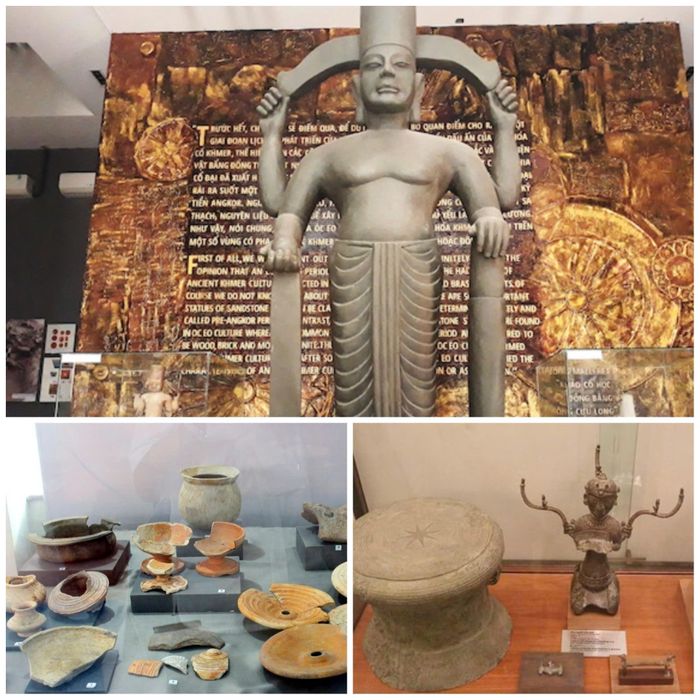 Tượng thần Vishnu cùng nhiều hiện vật khảo cổ quý đang được lưu giữ và trưng bày tại Nhà trưng bày Văn hóa Óc Eo. Ảnh: Đức Linh.
