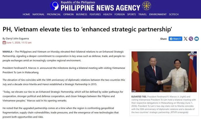 Hãng thông tấn Philippines đưa tin về việc hai nước nâng cấp quan hệ lên Đối tác Chiến lược Tăng cường. Ảnh chụp màn hình.