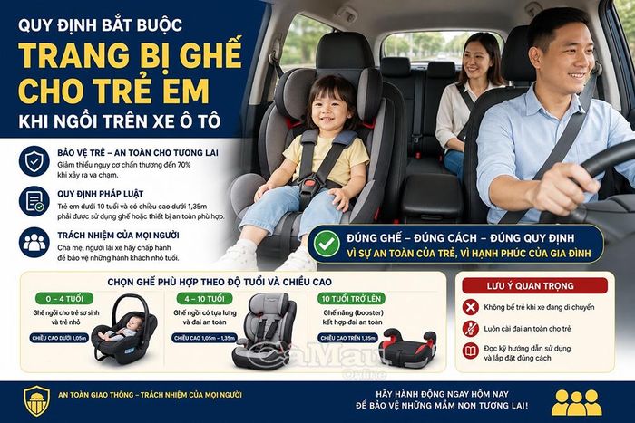 Quy định bắt buộc trang bị ghế an toàn cho trẻ em trên xe ô tô nhằm bảo vệ an toàn sức khỏe cho trẻ trên những chuyến hành trình. (Ảnh minh họa do AI)